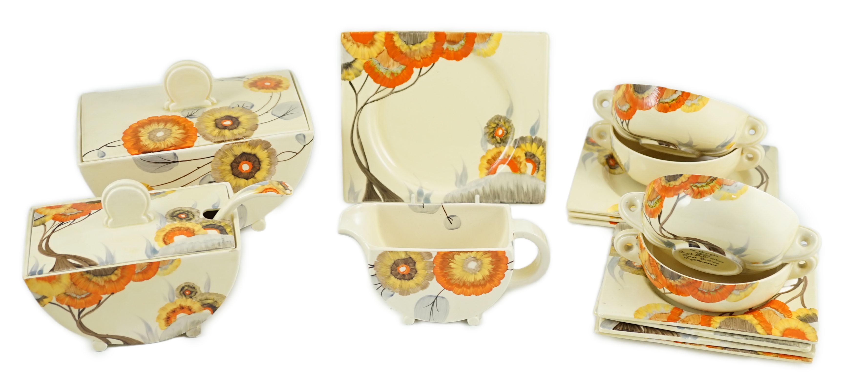 A Clarice Cliff Rhodanthe pattern part dinner service, Biarritz shape